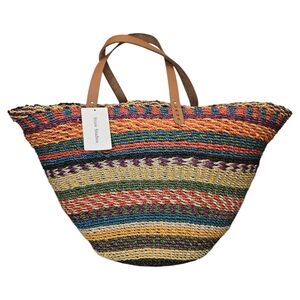 NWT Straw Studios Straw Hand Woven Striped Multicolor Tote Bag
